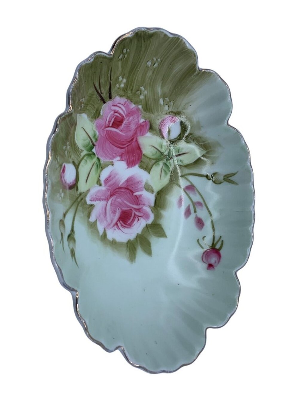 Lefton China Hand Painted Floral Oval Dish 6.5" Decorative Dish w/Pink Roses